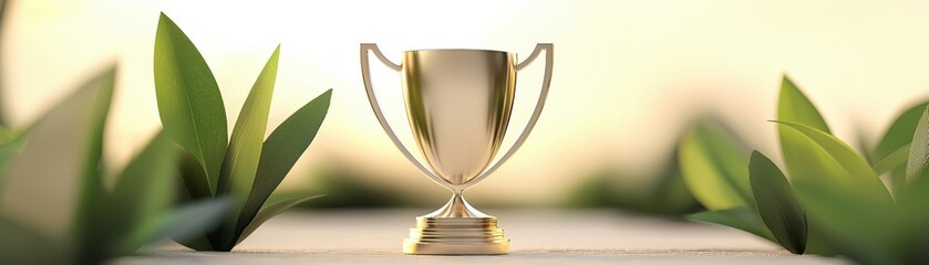 Golden trophy on a podium surrounded by green leaves.