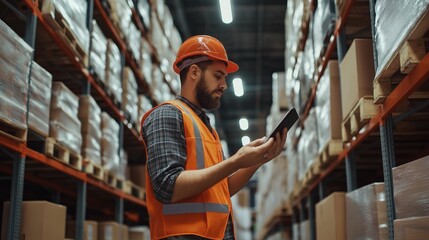 Worker scanning checking packages in busy warehouse environment, inventory management. Ai generated.