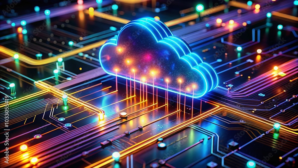 Poster cloud computing network circuit board 3d illustration with long exposure effects for enhanced digita