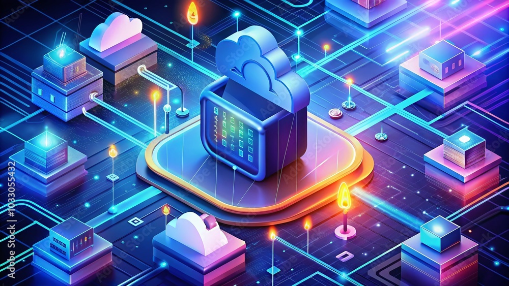 Poster cloud storage cyber security isometric illustration for data protection and safe cloud computing tec