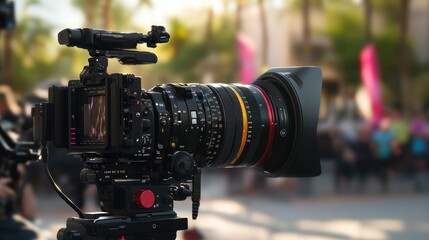 Professional Video Camera with Large Lens Focused on a Blurry Crowd