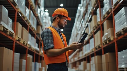 Worker scanning checking packages in busy warehouse environment, inventory management. Ai generated.