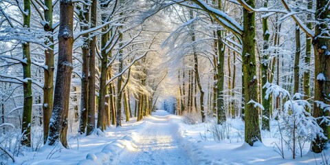 snow-covered trees along winter forest trail