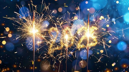 Obraz premium Celebrate 2025 with Sparkling Fireworks: Colorful Illuminations Against a Deep Blue Background Featuring 'New Year' Text