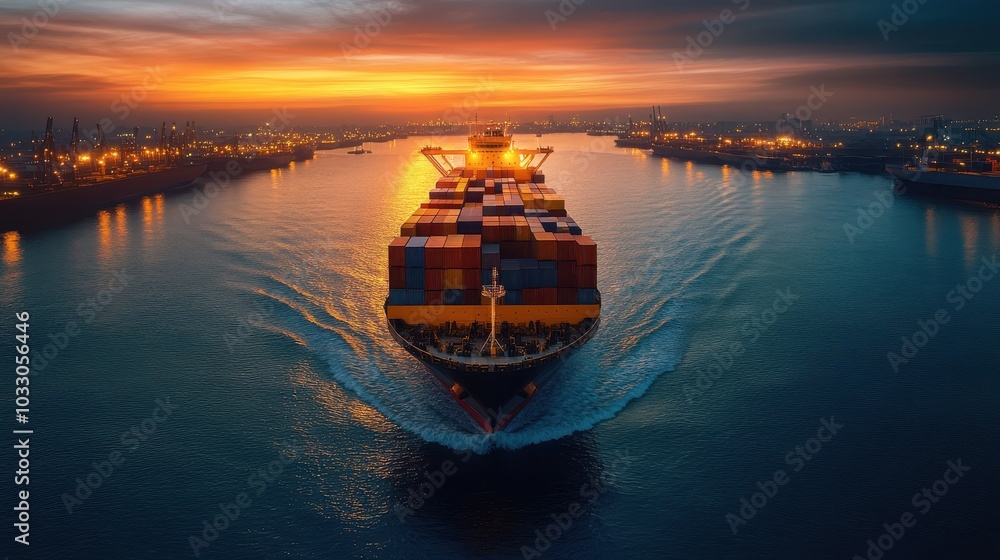 Poster majestic container ship navigating through tranquil waters at dusk