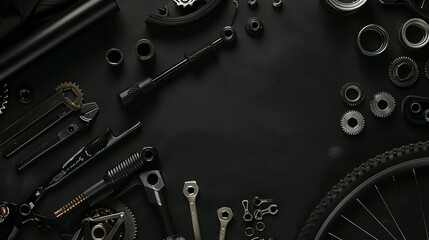 Black Table Composition: Bicycle Hardware and Essential Tools Ready for Use
