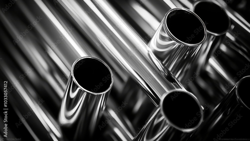 Poster a close-up shot of a group of shiny metal pipes, creating a pattern of light and shadow.