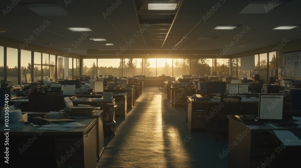 Poster sunlit empty office space with desks and computers
