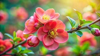 Obraz premium A Delicate Symphony of Peach Blossoms and Vibrant Green Leaves, Captured in a Moment of Springtime Beauty