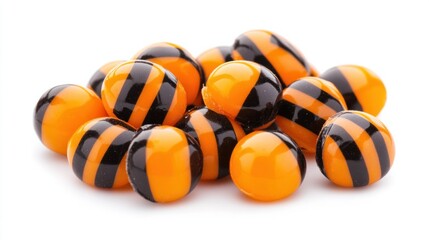Orange and black striped Halloween candy, arranged in a pile, isolated on white background