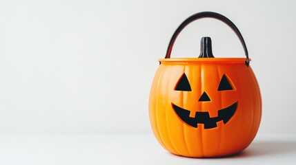 Orange pumpkin bucket for Halloween trick-or-treating, with a spooky face, isolated on white background