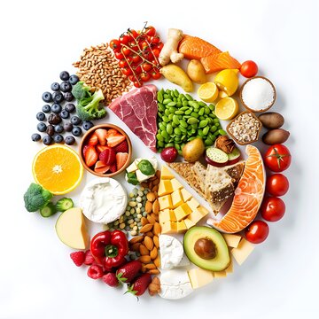 Top view of plate with variety of vegetables, fruits and cheese isolated on white background