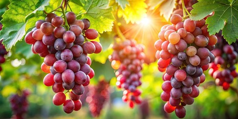 Ripe Red Grapes Hanging From Vine, Sunlit and Lush, with a Blurred Background of Leaves and Sunlight