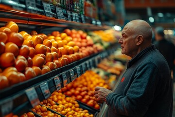 A senior man shopping for oranges in a grocery store.