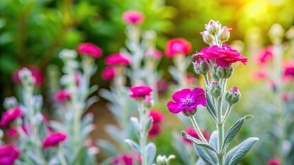 Fototapeta premium Forced perspective pink dusty miller flower in garden