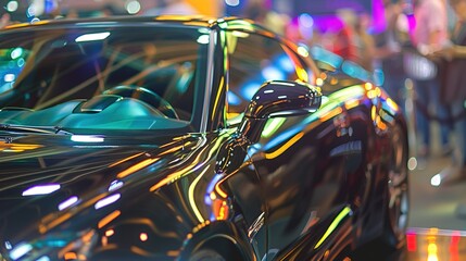 A sleek black car displayed on a raised platform at a car auction, surrounded by a crowd of potential buyers holding auction paddles.  bidding, luxury cars, high-end, nervous, exciting,Auctioneer
