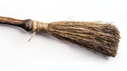 Witch broom with wooden handle and straw bristles, iconic Halloween prop, isolated on white background