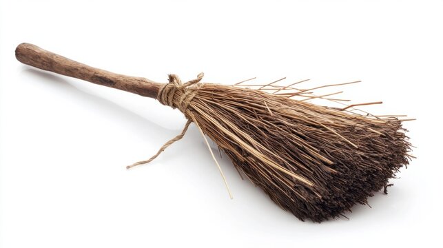 recommend clip art: Witch broom with wooden handle and straw bristles, iconic Halloween prop, isolated on white background