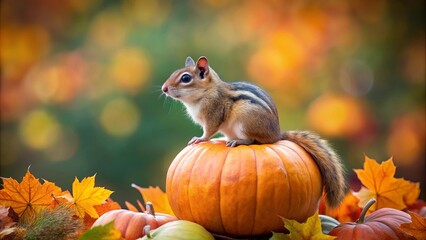 A tiny chipmunk perched atop a pumpkin surrounded by autumn leaves, a miniature masterpiece of fall's charm.