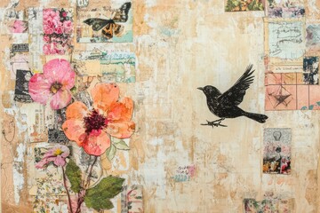 A vintage aesthetic artwork featuring a bird in flight, flowers, and a collage of postage stamps.