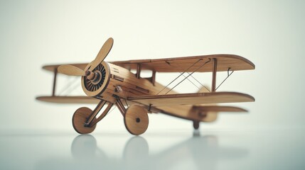 A vintage wooden toy airplane with propeller isolated on a white background.