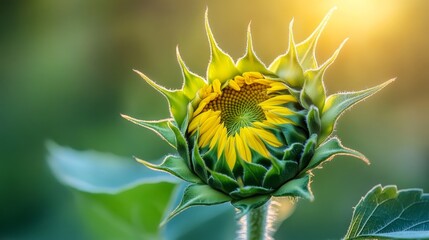 This image captures a close-up view of a young sunflower, its vibrant yellow petals just starting to unfurl amidst a soft green backdrop the intricate details and textures are sharply in focus.