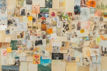 A wall covered in a chaotic collage of vintage postcards, creating a vibrant and nostalgic visual.