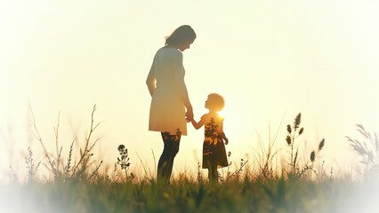 Double exposure of mother and child silhouettes with nature elements symbolizing connection and growth