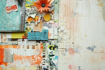 Colorful abstract art with paper, fabric, and other mixed media elements.  A playful and textured background.
