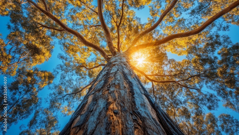 Poster a low-angle view of a tall tree with sunlight streaming through the branches.