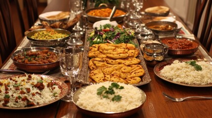 A large table set for an Indian feast, filled with naan, curries, rice, and tandoori chicken, with bright spices and herbs on display