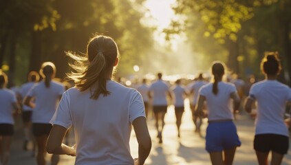 A group of runners in white shirts run down a paved road toward the sun, with a blurry background of trees and other runners in the distance.