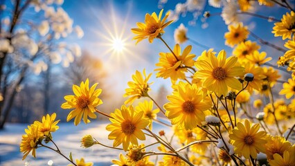 Golden Blooms Against a Frosty Winter Sky, A Symphony of Sunshine and Nature's Resilience