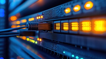 Illuminated Network Switches with Organized Ethernet Cables in Perspective