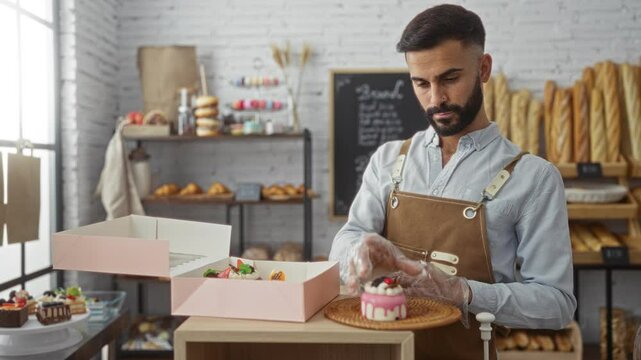 Young man in bakery arranging pastries and cakes while wearing an apron in an indoor shop setting with bread and baked goods displayed in the background