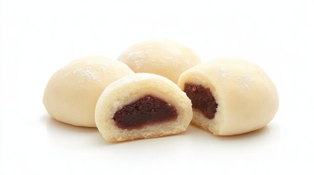 Japanese manju buns filled with sweet red bean paste, soft and fluffy, arranged on white background