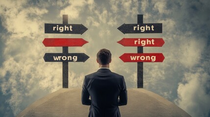 A professional contemplating moral choices in business, with a visual concept of paths labeled "right" and "wrong" representing business dilemmas