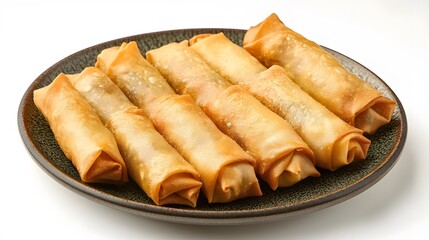 Fried Chinese Traditional Spring rolls food in ceramic plate (beautiful shape) on white background. 