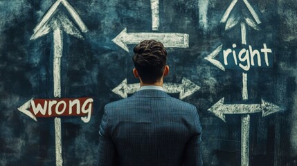 A professional contemplating moral choices in business, with a visual concept of paths labeled "right" and "wrong" representing business dilemmas