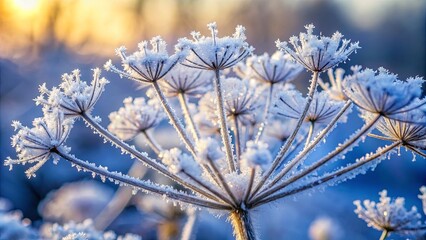 A delicate cluster of frost-covered stems reaches for the light, each branch adorned with intricate ice crystals that shimmer in the morning sun.