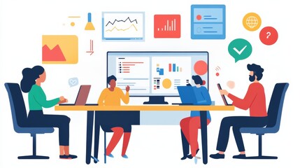 A remote team meeting, discussing digital marketing design strategies via video conferencing tools, with charts and wireframes visible