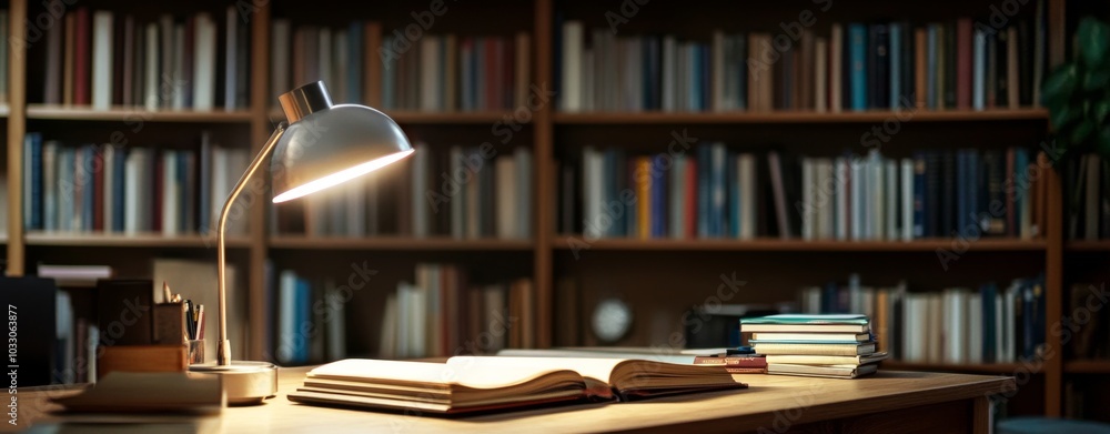 Poster open book on a desk in a library with a lamp on.