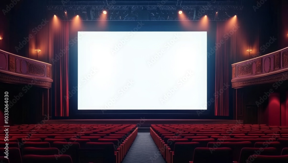 Poster empty theater with blank screen ready for movie projection.