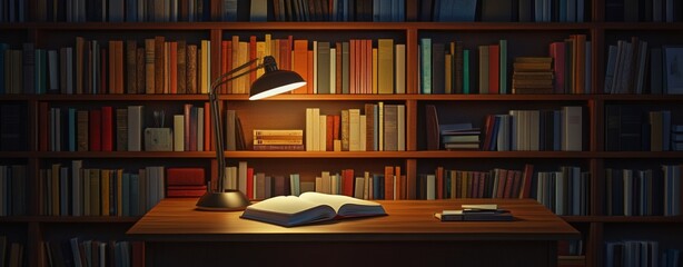 Open book on wooden desk with lamp in a library with bookshelves.