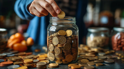 A close-up of a person placing a coin in a donation jar, highlighting the importance of charity and aid. Copy space, International Day for the Eradication of Poverty