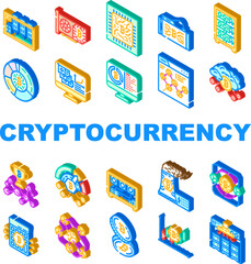 cryptocurrency mining wallet icons set vector. blockchain hashrate, gpu decentralized, consensus, proof, network, transaction cryptocurrency mining wallet isometric sign illustrations