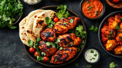 A sizzling tandoori chicken dish served with naan and fresh herbs, surrounded by traditional Indian side dishes