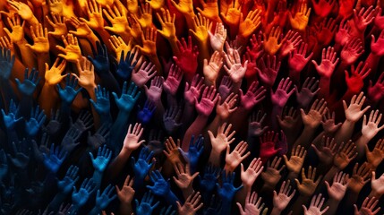 A captivating image showcasing a multitude of hands raised in unity, painted in vibrant colors representing diversity and inclusion. Symbolizing teamwork, support, and collective action.