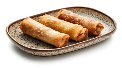 Fototapeta premium Fried Chinese Traditional Spring rolls food in ceramic plate (beautiful shape) on white background. 