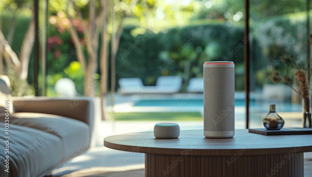 Poster a smart speaker and a smart home hub sit on a table in a living room with a pool in the background.